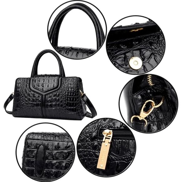 🆕Women's Black Handle Purse Crocodile Faux Leather Tote Zipper Shoulder Bag - Picture 5 of 7
